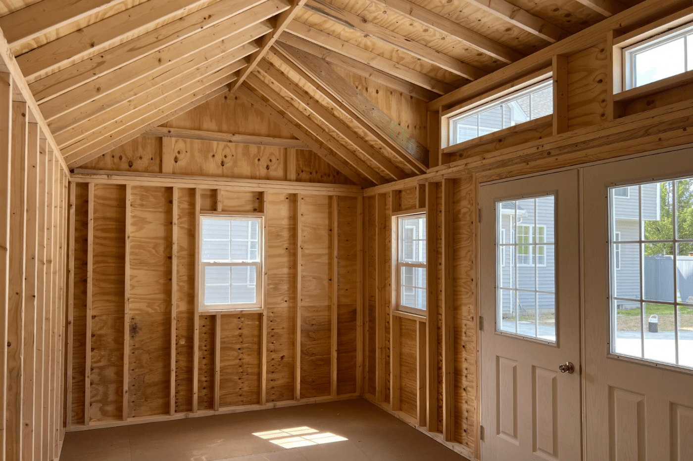10x20 chalet shed interior with doors and windows in fairport ny