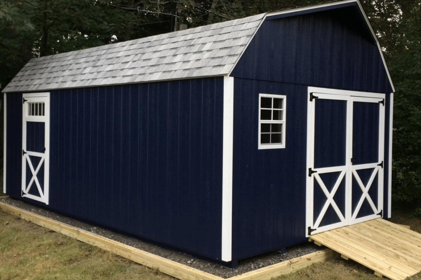 dark 12x30 blue lofted barn garages with windows, double door, and side door and ramp in new york