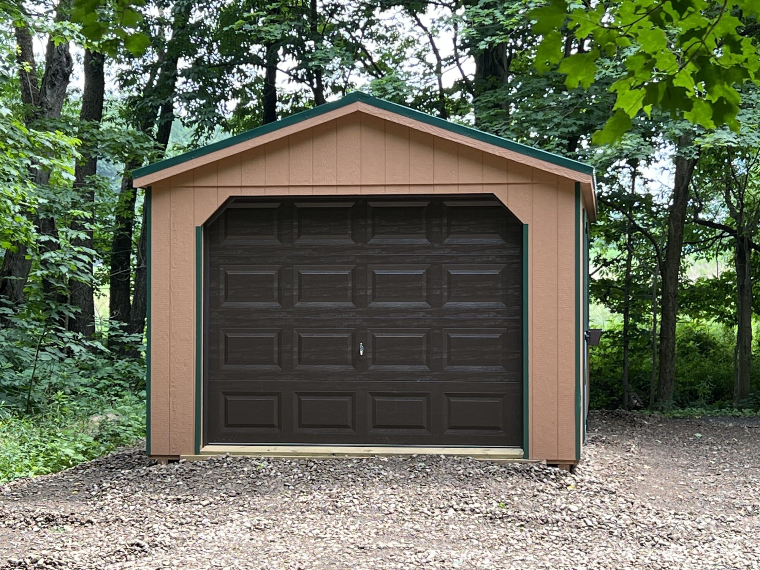 brown garage door on potters clay and ivy 12x24 cottage garage in Warsaw NY
